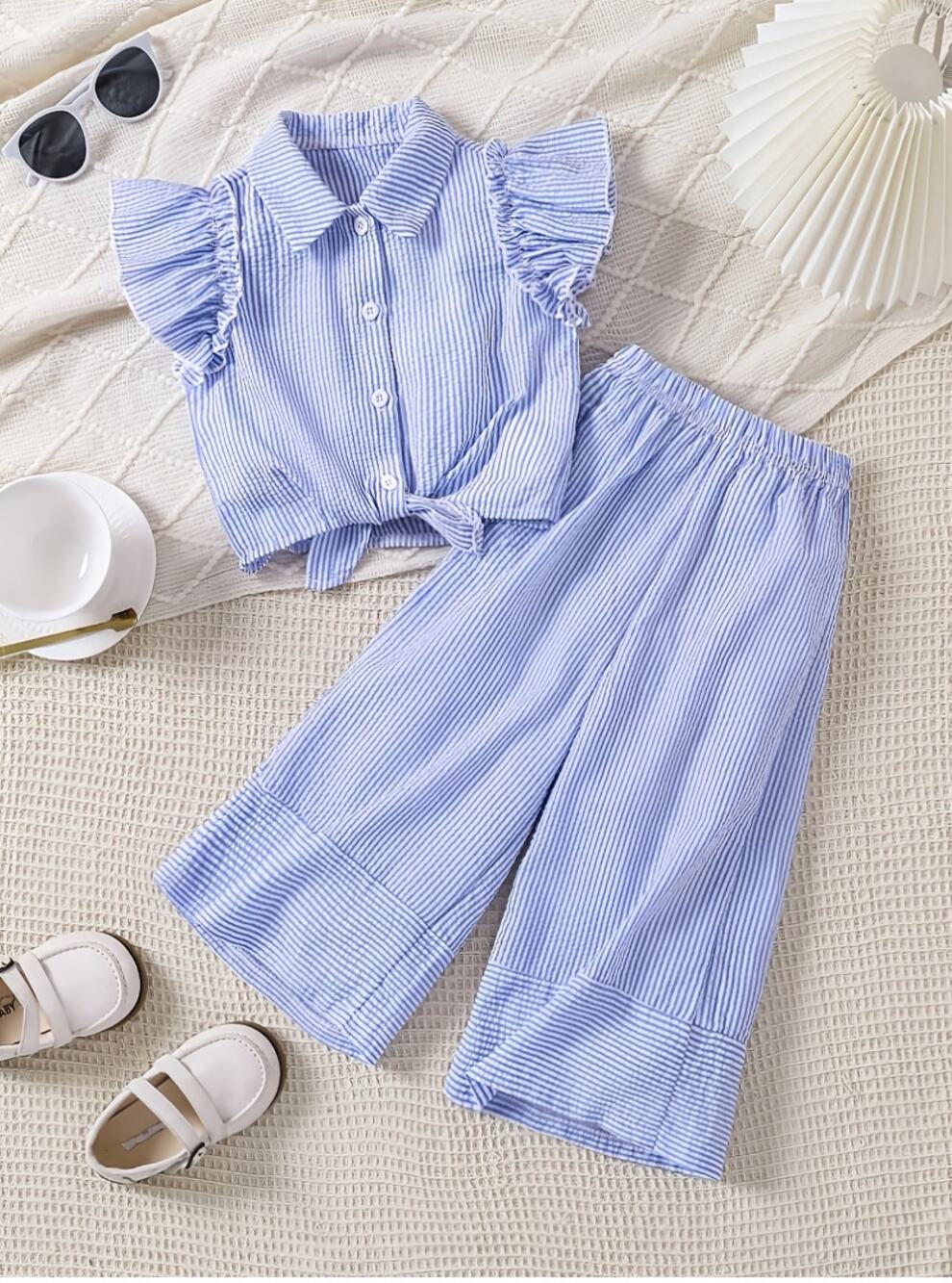Girls Blue Striped Seersucker Two-Piece Set Ruffle Sleeve Top Wide Leg Pants